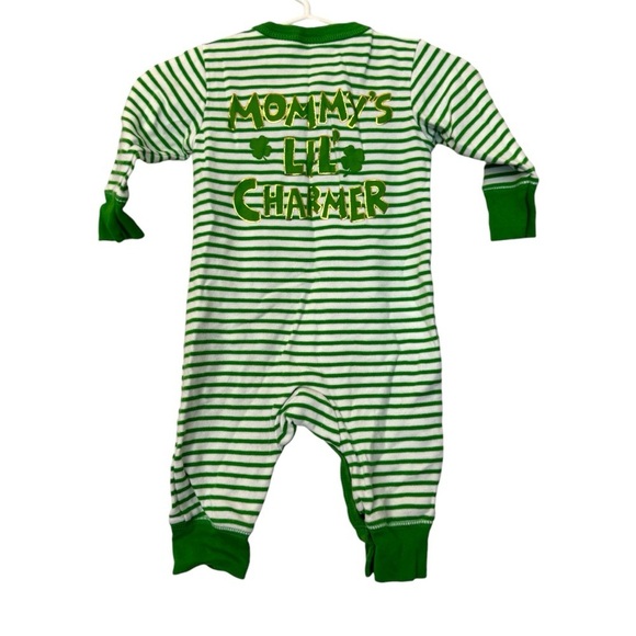 Koala Kids Mommy’s Lil Charmer Four Leaf Clover Green & White Striped Onesie - Picture 2 of 4